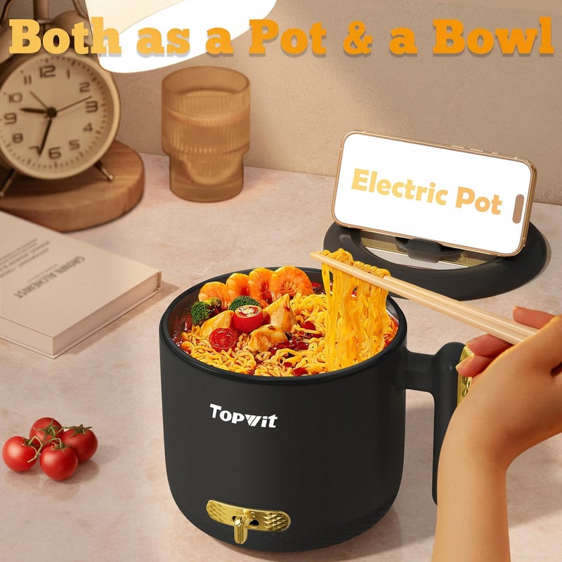 TopWit Hot Pot Electric with Steamer, 1.8L Ramen Cooker, Portable Electric Pot for Cooking, Multifunctional Cooker for Steak, Egg, Soup, Noodle with Power Adjustment, Dorm Room Essential, Black - Image 4